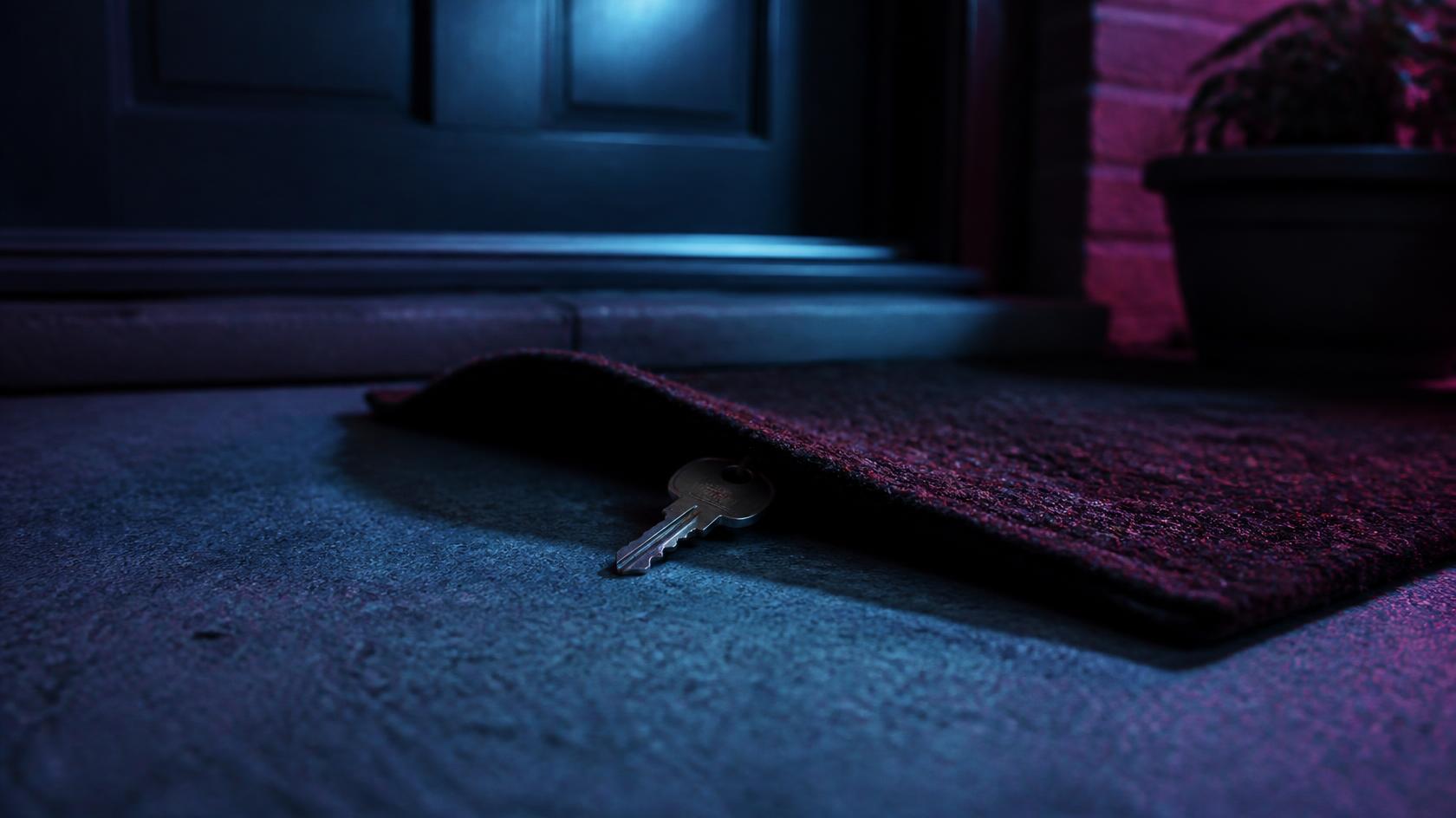Une clé cachée sous un paillasson, devant une porte, la nuit